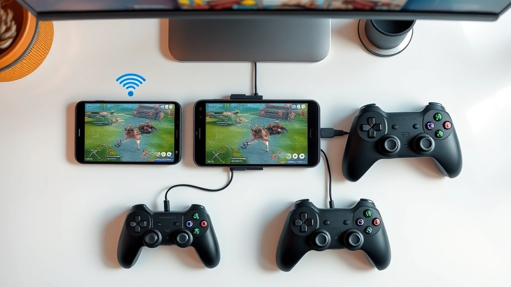 Overhead view of gaming setup with multiple devices including phone, tablet, and controller connected wirelessly, showing seamless cloud gaming transition between devices, modern desk environment, photorealistic