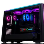 High-performance gaming PC tower with RGB lighting, multiple cooling fans visible, open side panel showing internal components like GPU and RAM, professional photography, no text or logos visible