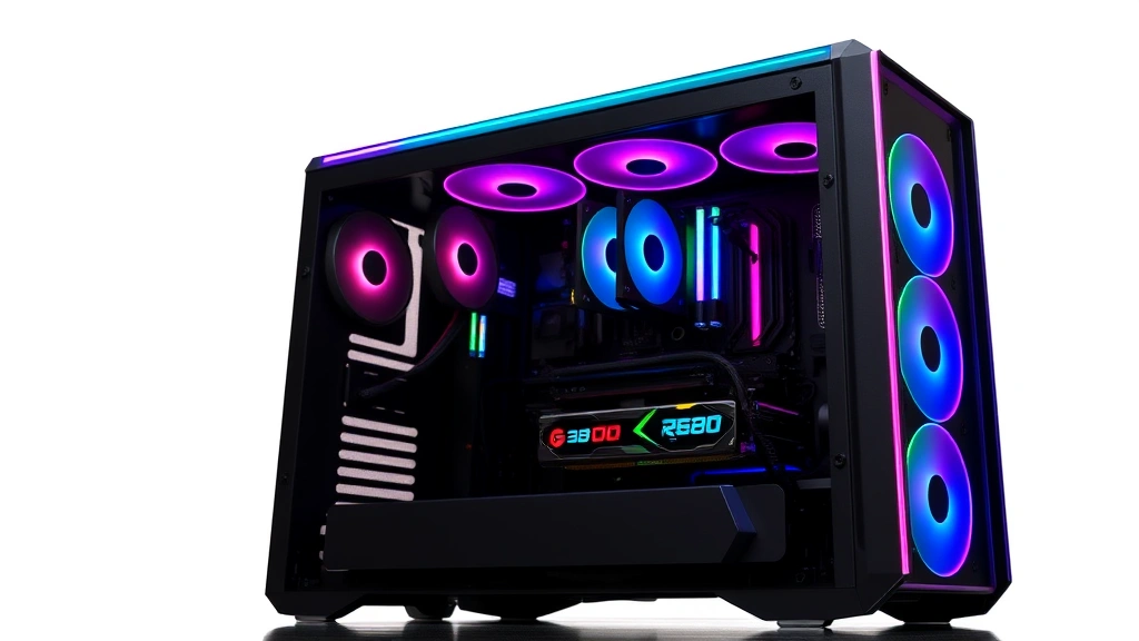 High-performance gaming PC tower with RGB lighting, multiple cooling fans visible, open side panel showing internal components like GPU and RAM, professional photography, no text or logos visible