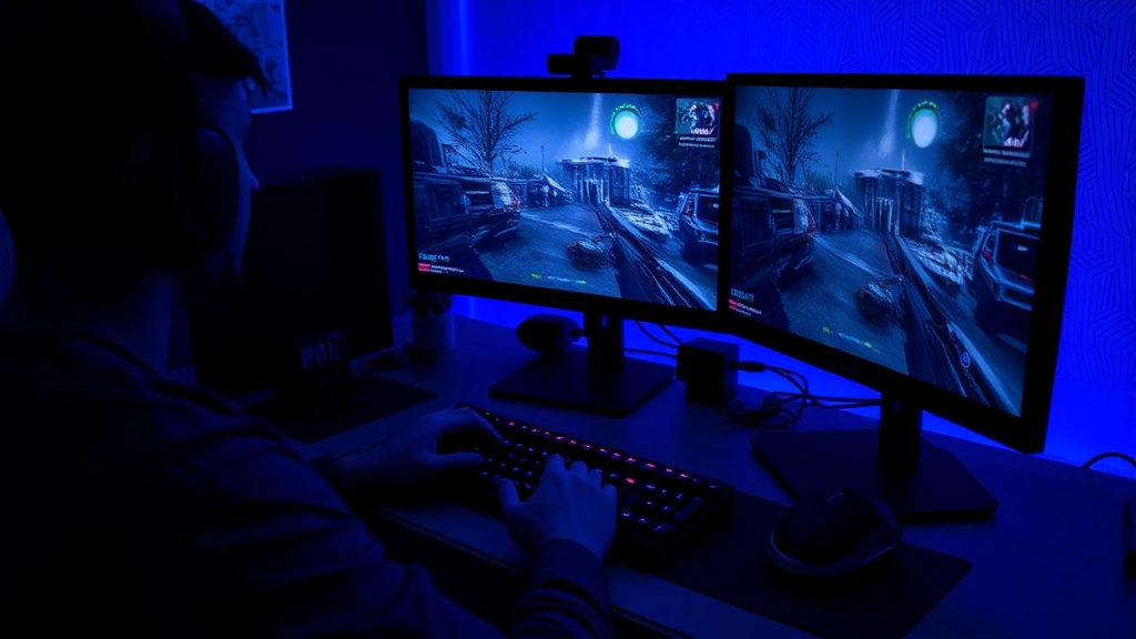 Gamer using mechanical keyboard and mouse at desk with triple monitor setup, gaming in progress on screens showing first-person game environment, moody blue and purple lighting, no UI elements or menus visible