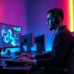 Professional esports player sitting at high-end gaming desk with RGB lighting, wearing gaming headset, hands on mechanical keyboard, modern minimalist gaming room with multiple monitors, cool blue ambient lighting, photorealistic