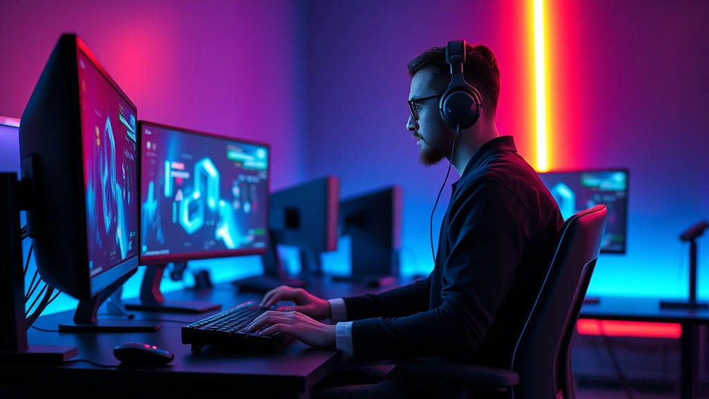 Professional esports player sitting at high-end gaming desk with RGB lighting, wearing gaming headset, hands on mechanical keyboard, modern minimalist gaming room with multiple monitors, cool blue ambient lighting, photorealistic