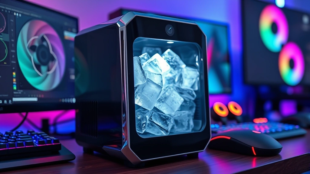 Close-up of sleek compact ice machine on gaming desk next to gaming peripherals, chrome and black design, cold vapor visible, ice cubes visible through glass chamber, modern RGB lighting in background, photorealistic