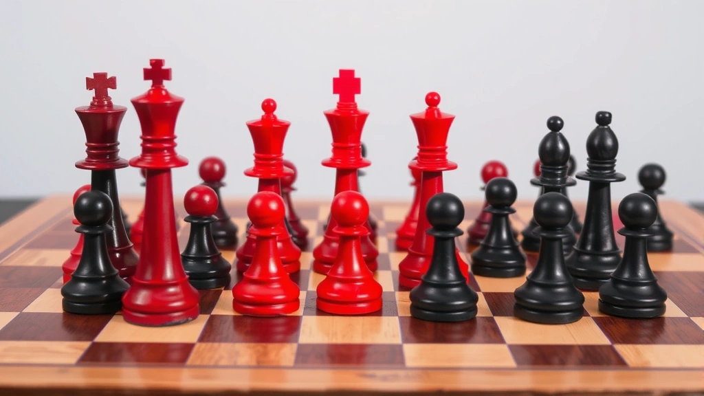 Professional checkers board with red and black pieces in mid-game position, wooden board with clear dark and light squares, dramatic lighting highlighting piece placement and strategic positioning