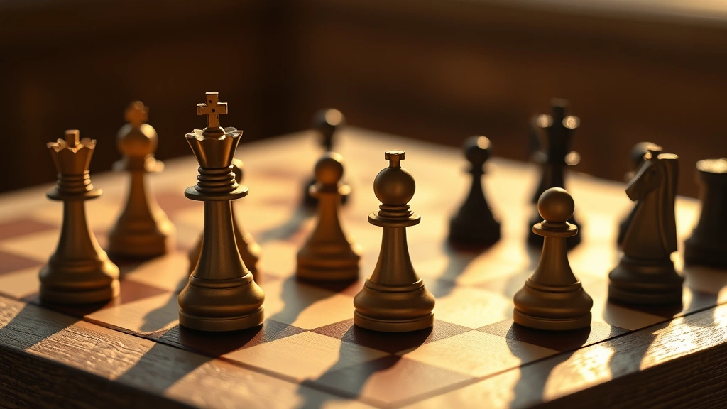 Endgame checkers position with only kings remaining on board, minimalist composition showing few pieces on wooden board, golden hour lighting creating dramatic shadows, emphasizing strategic piece placement and board control