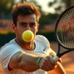 Professional tennis player mid-serve on a clay court, sweat droplets visible, intense focus expression, realistic sports photography style, golden hour lighting on the court