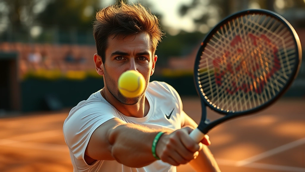 Professional tennis player mid-serve on a clay court, sweat droplets visible, intense focus expression, realistic sports photography style, golden hour lighting on the court