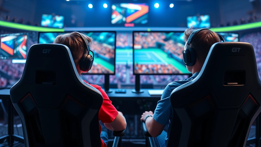 Two competitive esports players in gaming chairs facing large monitors, playing professional tennis video game tournament, stadium lighting, intense concentration on faces, modern gaming setup