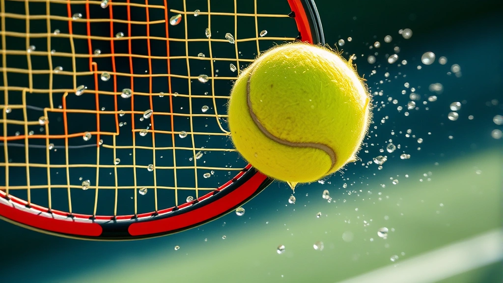 Close-up of tennis racket hitting bright yellow tennis ball, motion blur effect showing dynamic movement, water droplets frozen in air, professional sports photography, vibrant natural colors