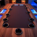 Modern gaming table with LED lighting, cup holders, and storage compartments, viewed from above at an angle, wooden surface with felt playing area, warm ambient lighting in a contemporary game room