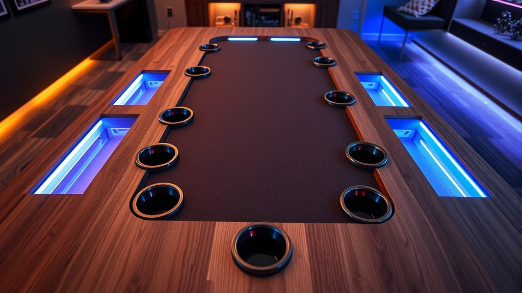 Modern gaming table with LED lighting, cup holders, and storage compartments, viewed from above at an angle, wooden surface with felt playing area, warm ambient lighting in a contemporary game room