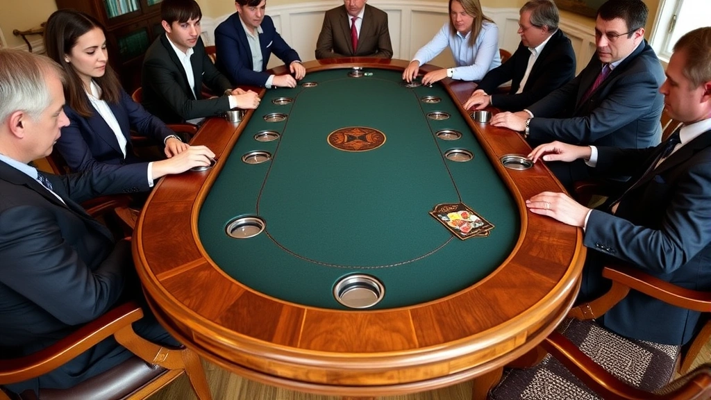 Elegant wooden poker table with professional felt surface, leather armrests, built-in cup holders with coasters, multiple players seated around table during an active game session, natural wood grain visible