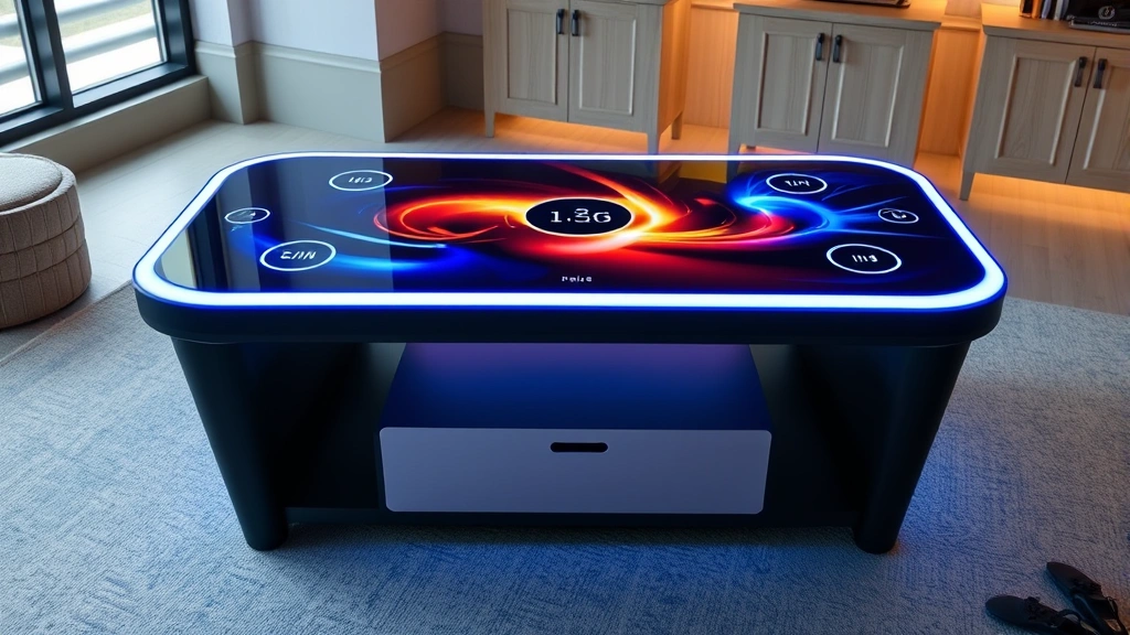 Compact digital game table with touchscreen surface, glowing LED edges, wireless charging spots, and storage drawers, modern minimalist design in a casual gaming environment, showing the display activation