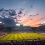 A professional football stadium at night with bright field lights illuminating the grass, packed crowds in stands, dramatic evening sky, photorealistic sports photography