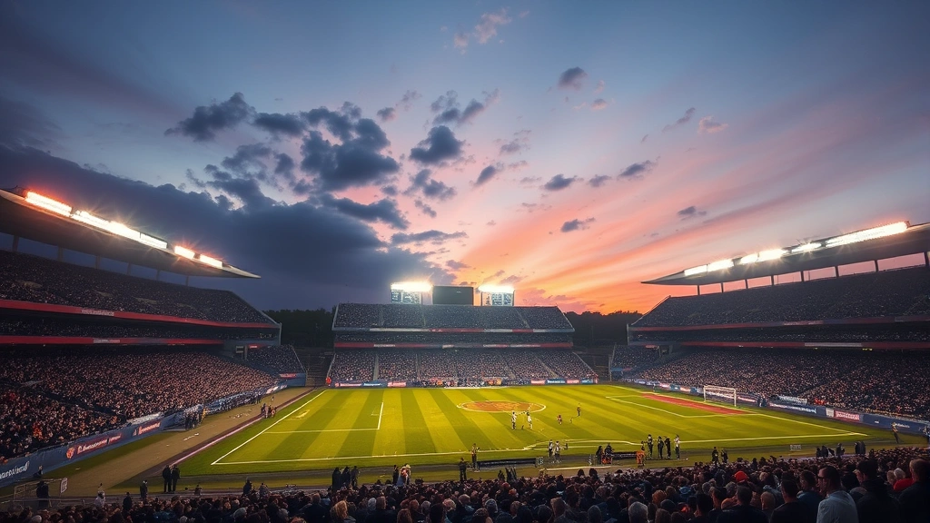 A professional football stadium at night with bright field lights illuminating the grass, packed crowds in stands, dramatic evening sky, photorealistic sports photography