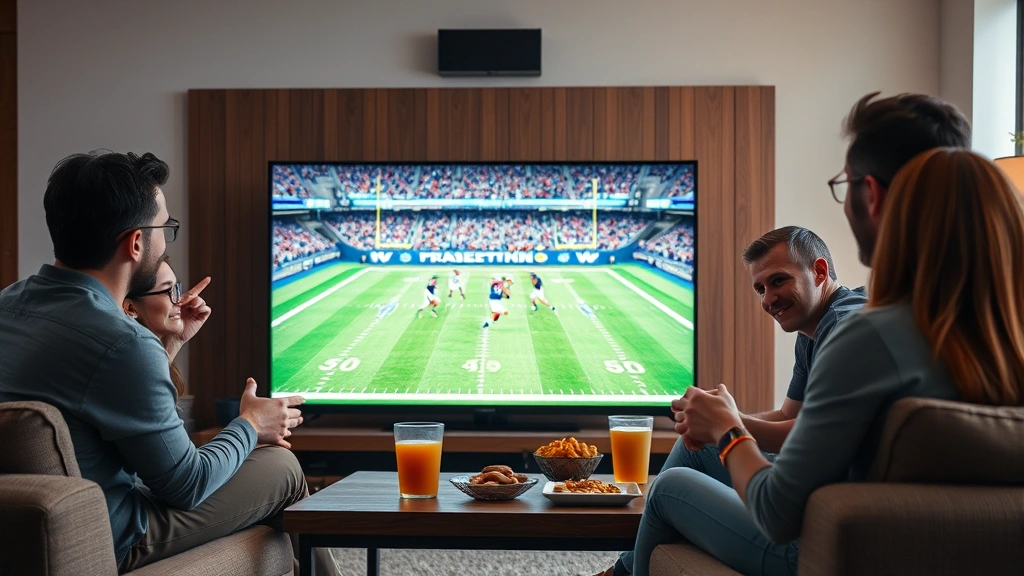 Group of friends watching football together on a large modern television in a living room, comfortable couch, snacks and drinks on table, excited expressions, cozy game day atmosphere