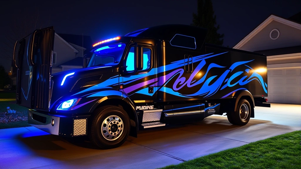 Professional gaming truck exterior at night with glowing blue and neon lighting, parked in residential driveway, custom wrap design visible, modern sleek appearance, photorealistic high-quality image