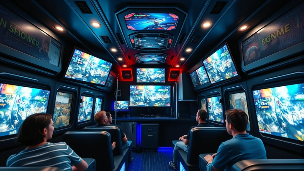Interior view of game truck showing multiple gaming consoles, large HD screens displaying active games, comfortable gaming stations, professional lighting setup, guests seated enjoying gameplay