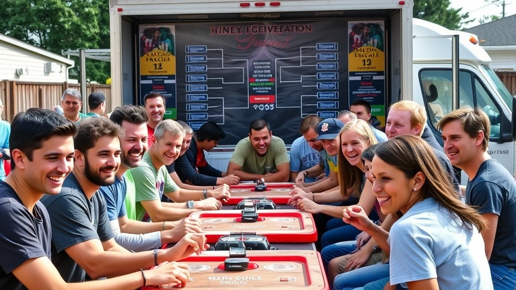 Large group of diverse people of various ages playing games at outdoor game truck event, tournament bracket displayed, excited expressions, daylight setting, backyard venue, celebration atmosphere