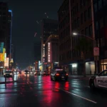 Photorealistic nighttime street scene in Los Angeles with neon signs, rain-wet asphalt, police car parked on side, tall buildings with lit windows, authentic urban atmosphere, no game UI or text visible