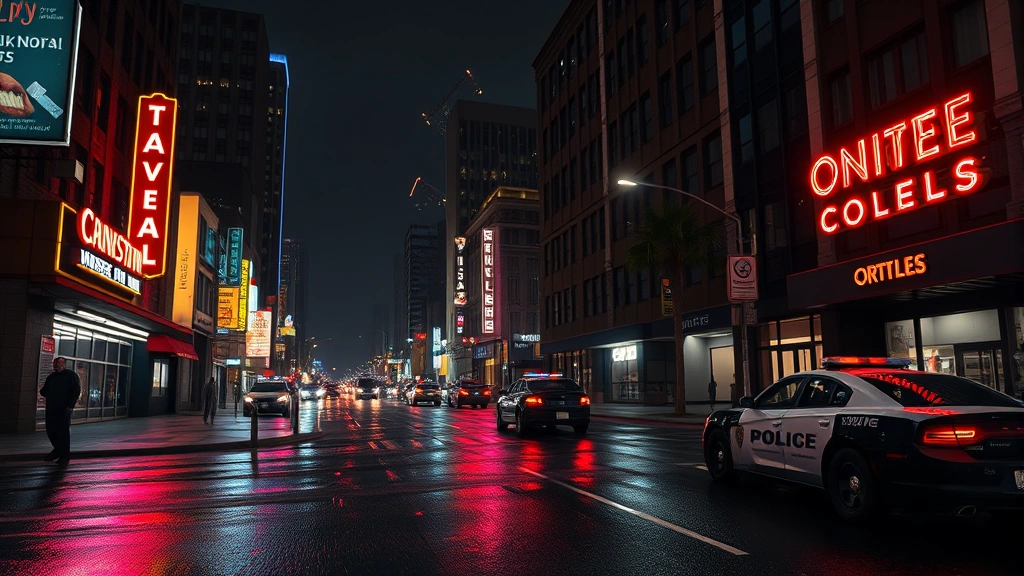 Photorealistic nighttime street scene in Los Angeles with neon signs, rain-wet asphalt, police car parked on side, tall buildings with lit windows, authentic urban atmosphere, no game UI or text visible