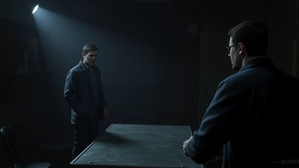 Detective standing in dimly-lit interrogation room across metal table from suspect, realistic facial expressions, focused intense atmosphere, professional police setting, no visible game menus or interface elements