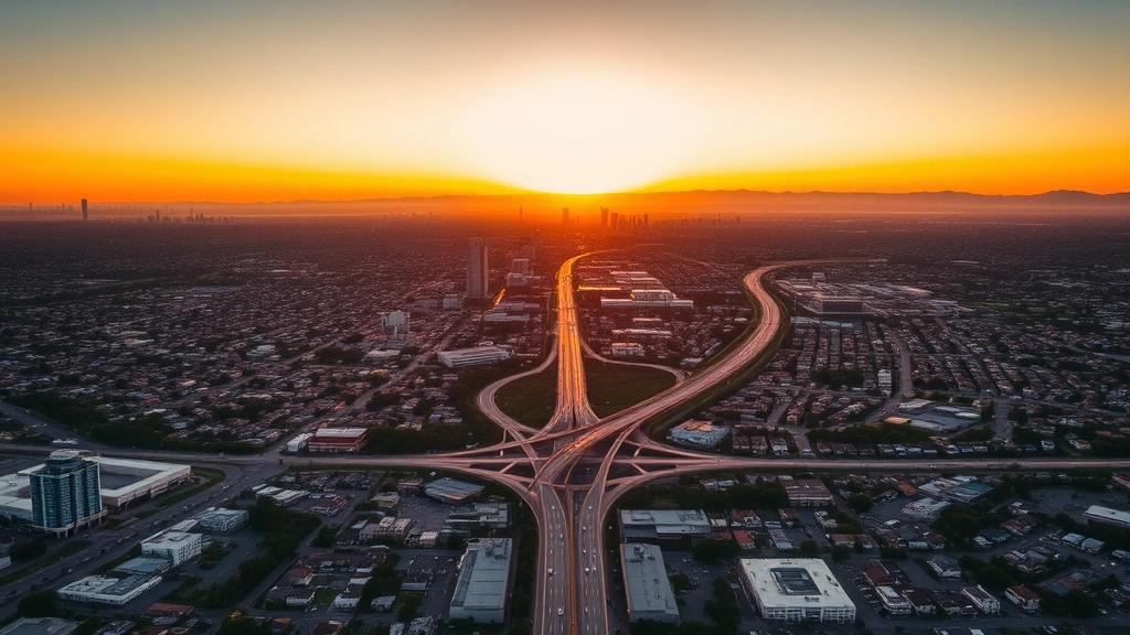 Expansive aerial cityscape view of Los Angeles at golden hour sunset, sprawling neighborhoods, highway intersections, mountains in distance, natural lighting, cinematic perspective, no overlays or HUD elements