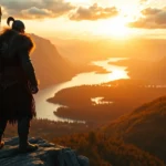 Viking warrior in authentic Norse armor standing on a rocky cliff overlooking a Nordic landscape with fjords and forests below, dramatic lighting from golden sunset, photorealistic style, no UI elements