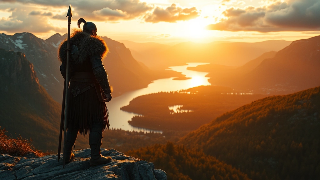 Viking warrior in authentic Norse armor standing on a rocky cliff overlooking a Nordic landscape with fjords and forests below, dramatic lighting from golden sunset, photorealistic style, no UI elements