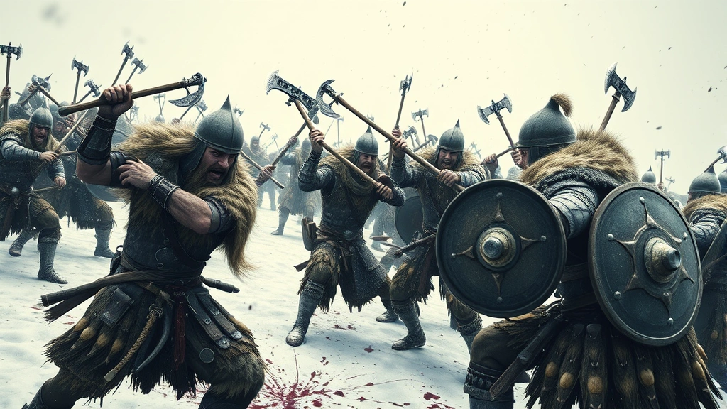 Multiple Viking warriors engaged in intense melee combat with axes and shields on a snow-covered battlefield, dynamic action poses, blood and combat effects visible, photorealistic medieval Norse setting, no game interface