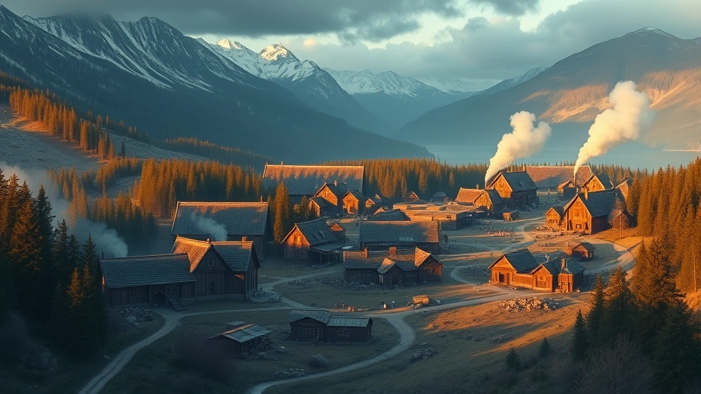 Massive Viking settlement with traditional longhouses and fortifications nestled in a Nordic valley surrounded by mountains and pine forests, smoke rising from buildings, authentic Norse architecture, golden hour lighting, no text or UI elements