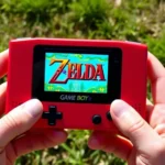 Vibrant Game Boy Color handheld device displaying colorful Zelda game screen held in hands against natural outdoor background with grass and sunlight