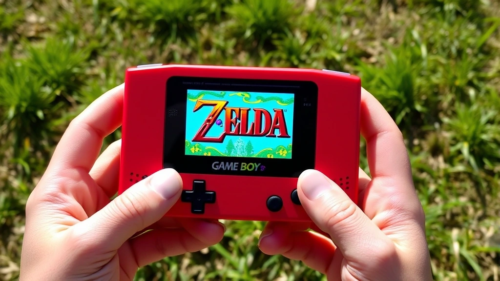 Vibrant Game Boy Color handheld device displaying colorful Zelda game screen held in hands against natural outdoor background with grass and sunlight