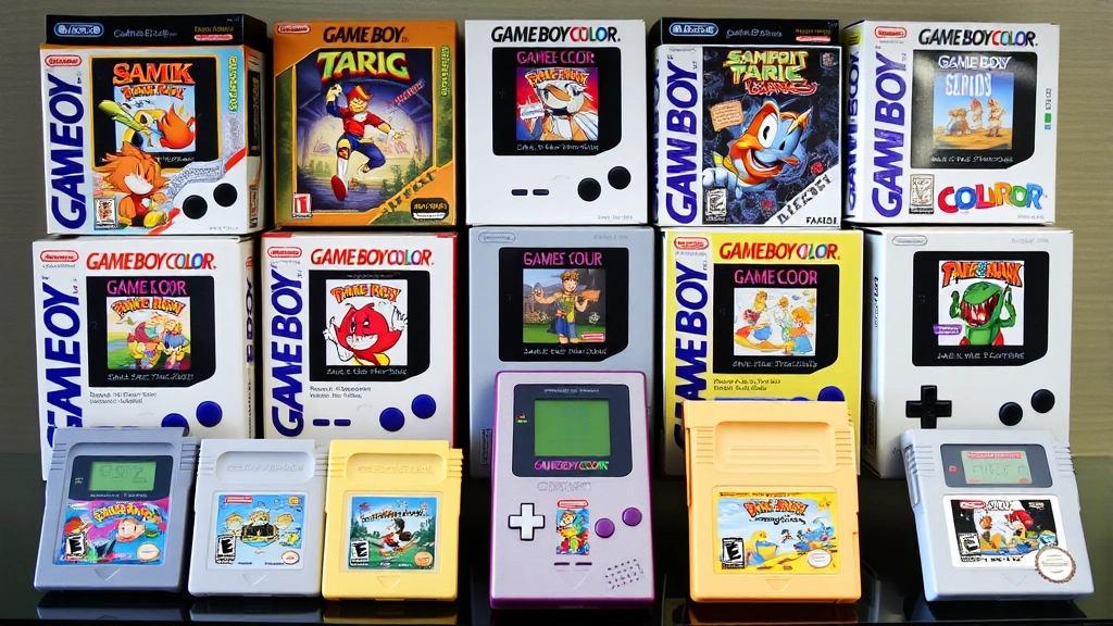 Retro gaming collection display featuring multiple Game Boy Color cartridges arranged artfully with original boxes showing iconic game artwork and packaging