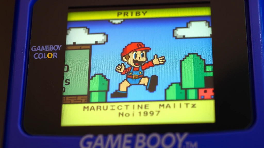 Close-up of Game Boy Color screen showing vibrant pixel art graphics with classic Nintendo character in action scene with saturated colors and detailed sprite work