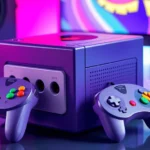 A vibrant, photorealistic scene of a classic purple Nintendo GameCube console with its distinctive controller beside it, sitting on a modern gaming desk with RGB lighting in the background, no text or UI elements visible