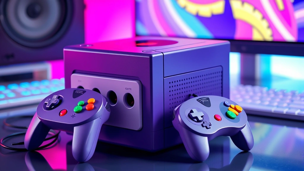 A vibrant, photorealistic scene of a classic purple Nintendo GameCube console with its distinctive controller beside it, sitting on a modern gaming desk with RGB lighting in the background, no text or UI elements visible