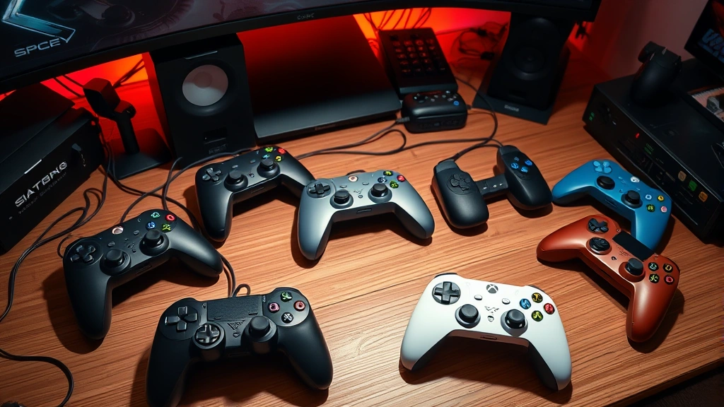 Cozy gaming setup featuring multiple modern gaming peripherals and controllers arranged artistically, with warm ambient lighting, showcasing various input devices for emulation, no text or labels visible