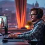 Professional gamer relaxing at desk with ambient warm lighting, ergonomic gaming setup, comfortable chair, peaceful evening atmosphere, realistic detailed photography