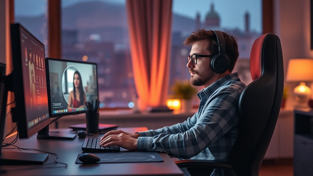 Professional gamer relaxing at desk with ambient warm lighting, ergonomic gaming setup, comfortable chair, peaceful evening atmosphere, realistic detailed photography