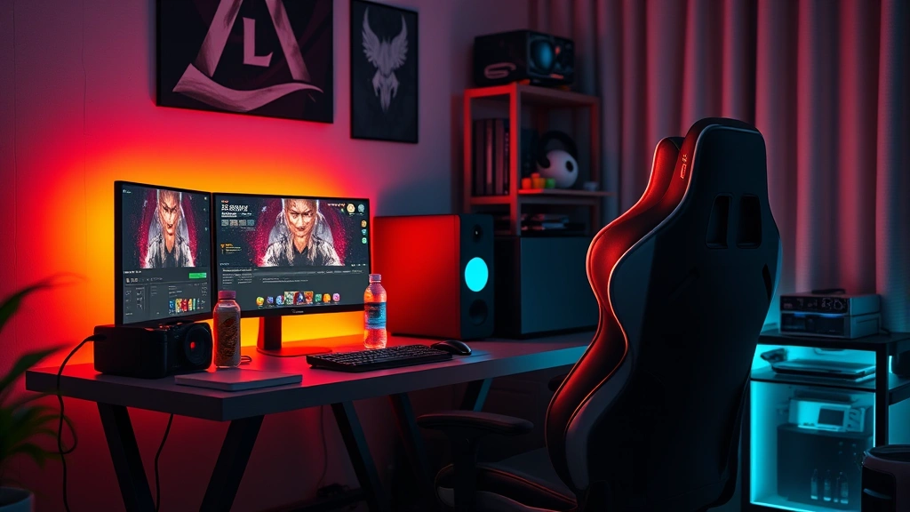 Cozy gaming setup with warm LED lighting, comfortable gaming chair, organized desk with water bottle and snacks, calm atmospheric gaming environment, photorealistic