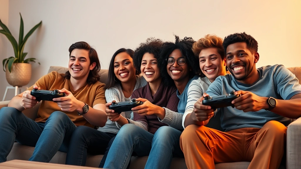 Group of diverse friends playing cooperative video games together on comfortable couch, happy relaxed expressions, living room gaming setup, warm inviting lighting, realistic photography