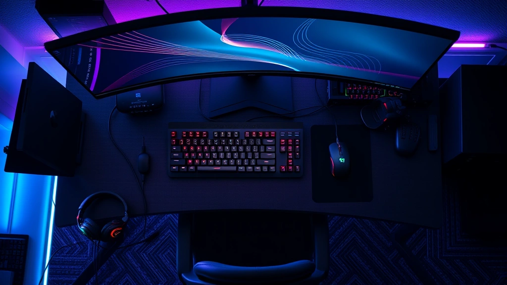 Top-down view of high-end gaming desk with mechanical keyboard, gaming mouse, dual monitors, and gaming headset arranged neatly, RGB ambient lighting creating atmospheric glow, cable management visible, professional esports setup