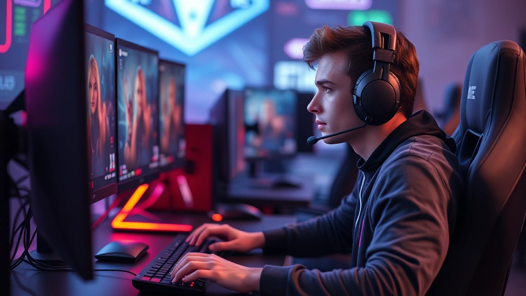 Professional esports player sitting at gaming desk with multiple monitors, focused expression during competitive match, RGB lighting, ergonomic setup with headset, photorealistic