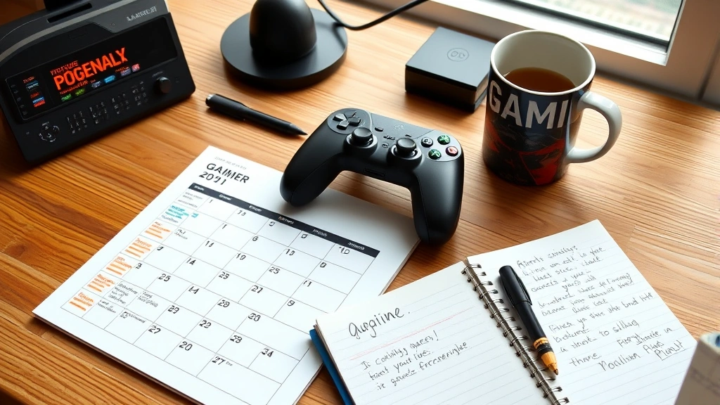 Organized gaming calendar and planner on wooden desk with gaming controller, coffee cup, notebook with handwritten goals, natural daylight through window, motivational setup