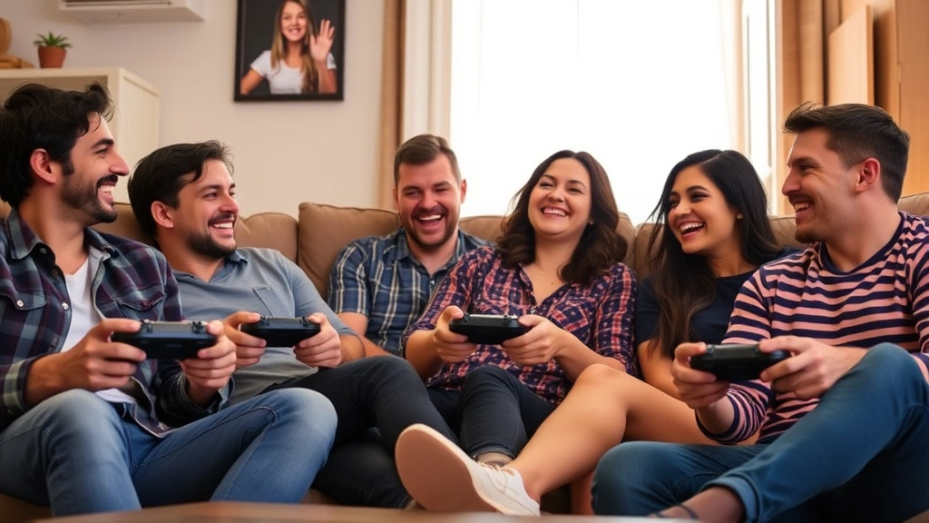 Diverse group of gamers relaxing together on couch with controllers, laughing and enjoying multiplayer session, comfortable living room gaming environment, warm lighting, candid moment