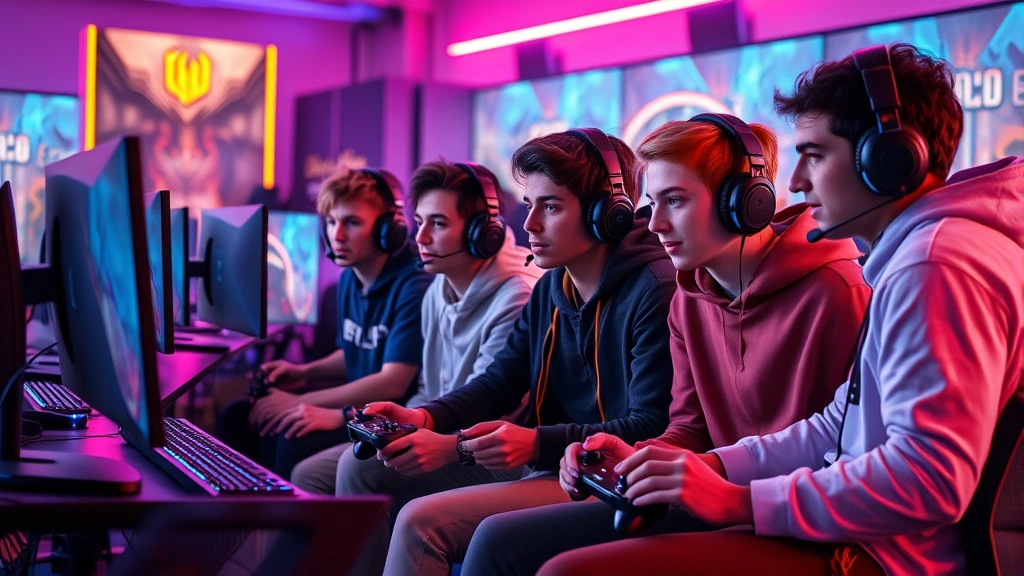 A diverse group of gamers sitting together on a gaming setup with multiple monitors, RGB lighting, controllers, and headsets, focused on their screens with excitement, photorealistic
