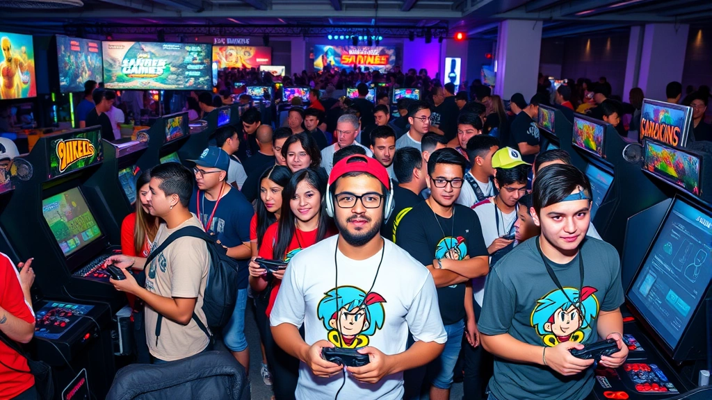 A vibrant gaming community event with people wearing gaming-themed apparel, holding game controllers, gathered around arcade machines and gaming stations, energetic atmosphere, photorealistic