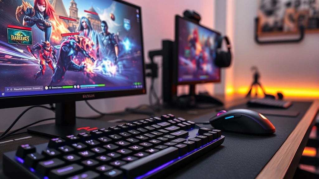 A close-up of a gaming setup featuring mechanical keyboard, gaming mouse, headphones, and monitors displaying colorful game graphics with players collaborating, photorealistic