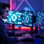 Professional gamer sitting at high-end gaming desk with multiple monitors, RGB lighting, mechanical keyboard and gaming mouse, intense focused expression during competitive match